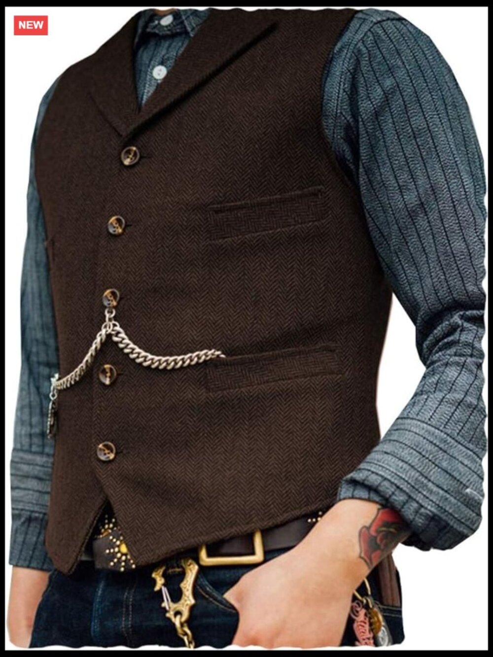 Men's Tweed Herringbone Wool Blend Vest - Notch Lapel Single Breasted with